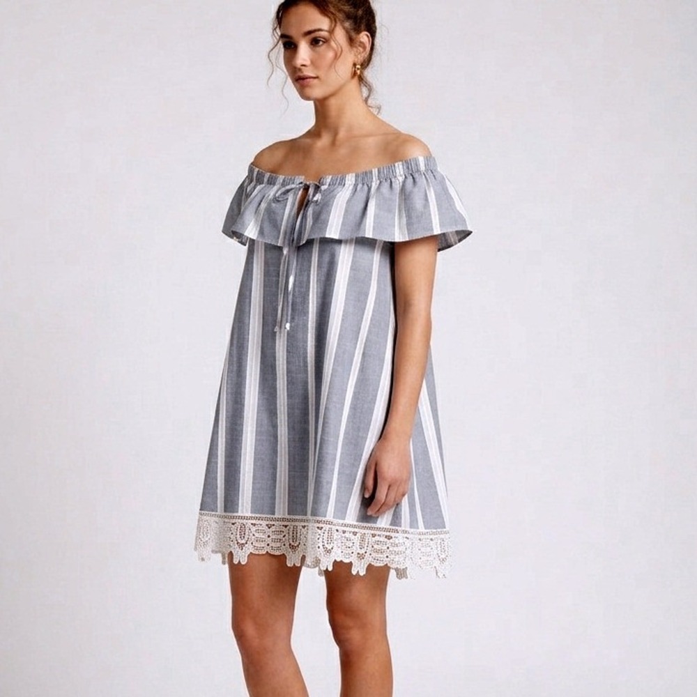TRIXXI Striped Off The Shoulder Mini Dress Crochet Lace Trim Womens‎ Medium CUTE